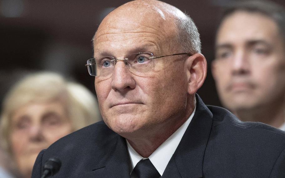 Vice Adm. Michael M. Gilday listens during a Senate Armed Services Committee hearing on his nomination to serve as Chief of Naval Operations, July 31, 2019 on Capitol Hill.