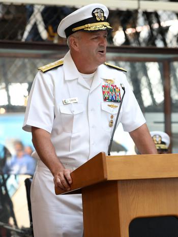Rear Adm. Collin P. Green, shown delivering remarks in Washington on July 30, 2019, has called for an ethics review of the Special Warfare Command. “I don’t know yet if we have a culture problem, I do know that we have a good order and discipline problem that must be addressed immediately,” Geeen wrote in a message to the force.


