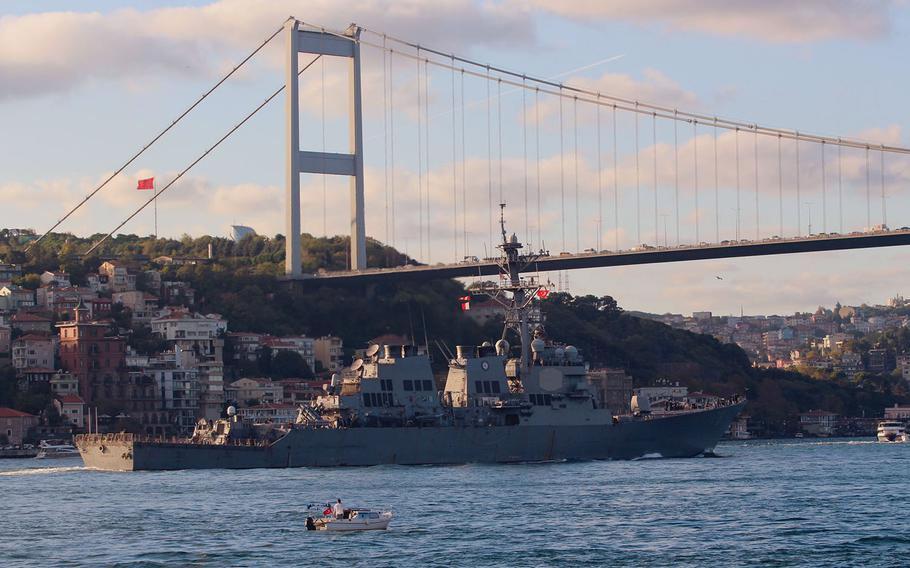The Arleigh Burke-class guided-missile destroyer USS Porter transits the Bosphorus on Saturday as it enters the Black Sea.