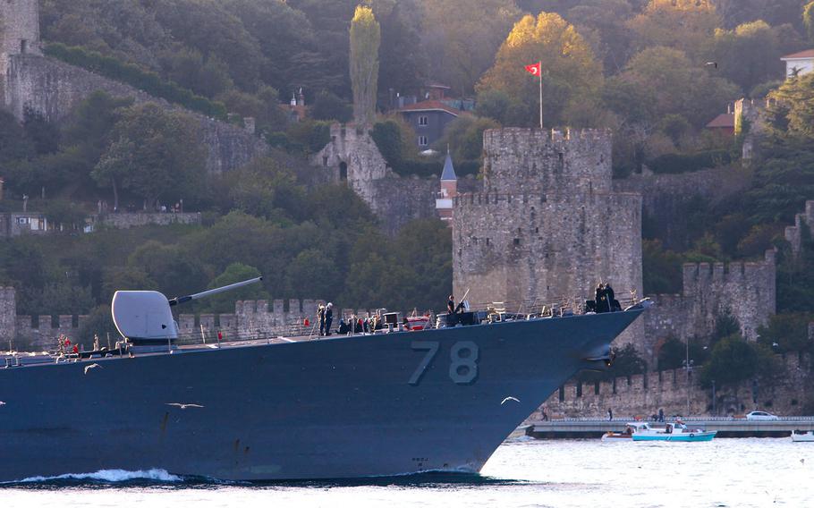 The Arleigh Burke-class guided-missile destroyer USS Porter transits the Bosphorus on Saturday as it enters the Black Sea.