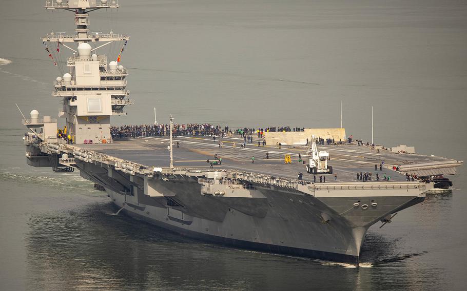 The USS Gerald R. Ford (CVN 78) gets underway from Newport News, Virginia, on Friday, Oct. 25, 2019, after 15 months of maintenance. The carrier is currently conducting sea trials, a comprehensive test of the ship's systems and technologies.