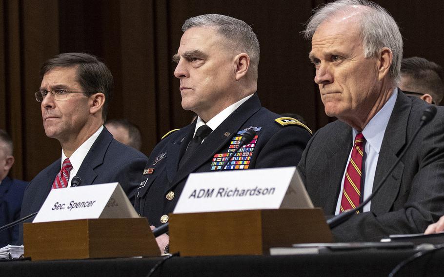 Listening during a Senate hearing in March, 2019 are, left to right, Army Secretary Mark Esper, Army Chief of Staff Gen. Mark Milley and Navy Secretary Richard Spencer. The Pentagon announced on July 15 that Spencer will serve as acting defense secretary as Esper faces his confirmation hearing to hold the post on a permanent basis; Milley is President Donald Trump's nominee to serve as chairman of the joint chiefs of staff.