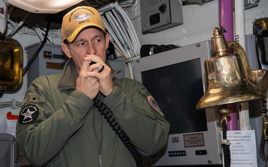 Capt. Brett Crozier, commanding officer of the aircraft carrier USS Theodore Roosevelt (CVN 71), addresses the crew in San Diego on  Jan. 17, 2020. .