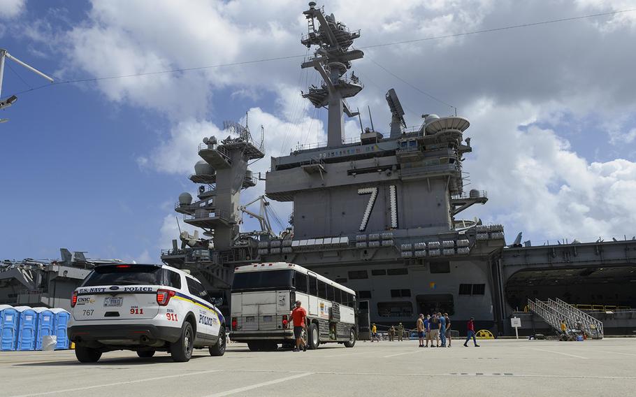 USS Theodore Roosevelt's essential watch and cleaning team conduct a crew swap on April 29, 2020, turning over a clean ship to a COVID-19 negative crew after completion of their off-ship quarantine.