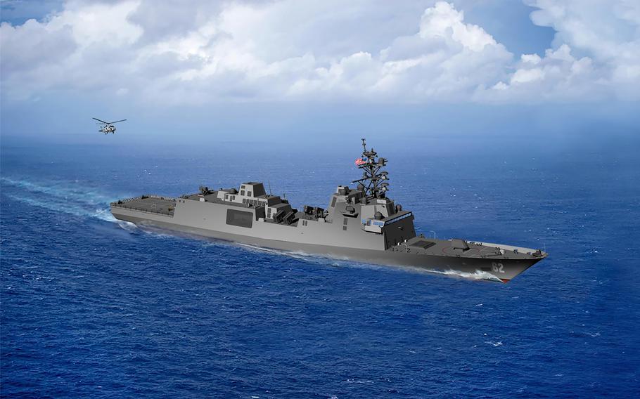 An artist rendering of the guided-missile frigate. The new small surface combatant will have multi-mission capability to conduct air warfare, anti-submarine warfare, surface warfare, electronic warfare and information operations. 