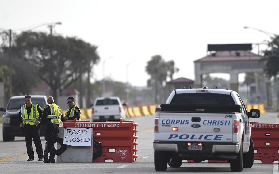 The entrances to the Naval Air Station-Corpus Christi are closed following an active shooter threat, Thursday, May 21, 2020, in Corpus Christi, Texas.
