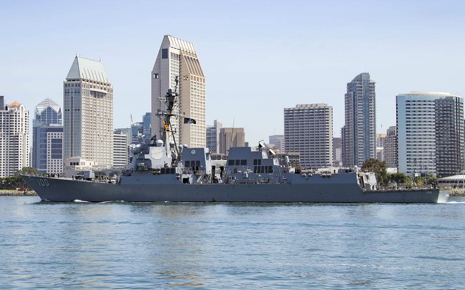 The USS Kidd departs San Diego on Wednesday, June 10, 2020. The guided-missile destroyer had been at Naval Base San Diego since April 28 because of a coronavirus outbreak. 