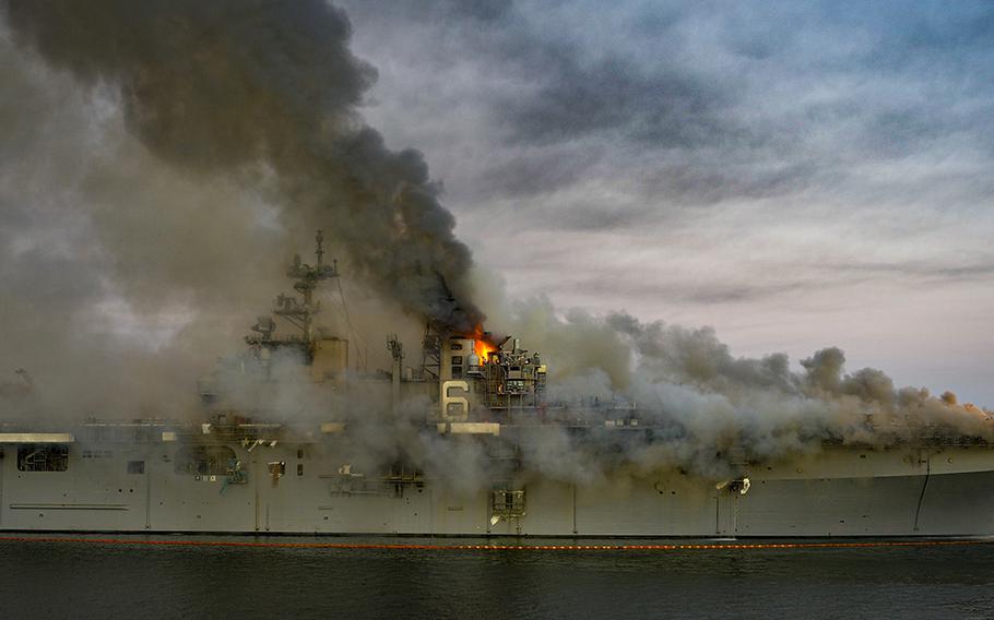 A fire aboard the amphibious assault ship USS Bonhomme Richard at Naval Base San Diego started Sunday and was extinguished Thursday. 