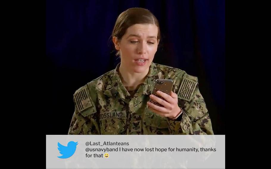 A Navy Band member reads a critical tweet about the band's sea-shanty version of a Taylor Swift song in this screenshot of a video posted to Twitter, Monday, Feb. 1, 2021. 