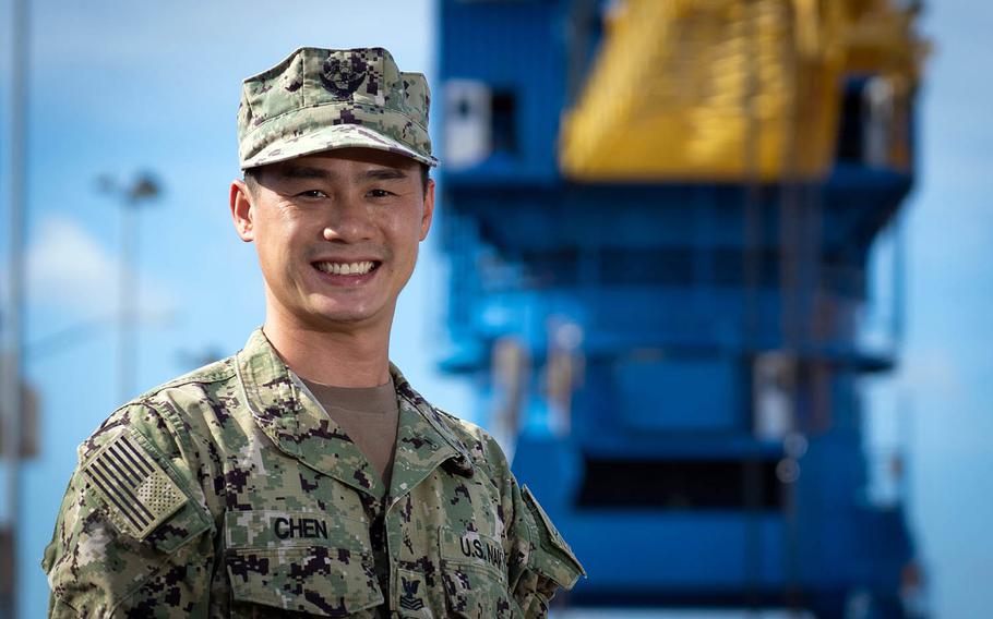 Michael Chen, an electrician's mate first class, is one of nearly 1,400 Navy Reservists deployed to the nation's four shipyards as part of the Surge Maintenance program.