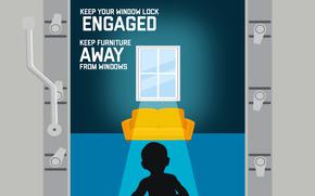 A safety illustration with a child near a window.