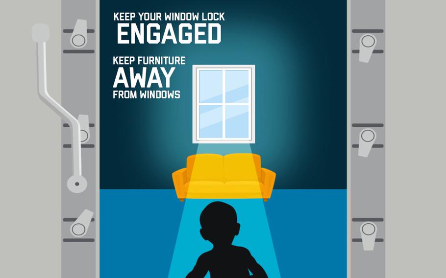 A safety illustration with a child near a window.