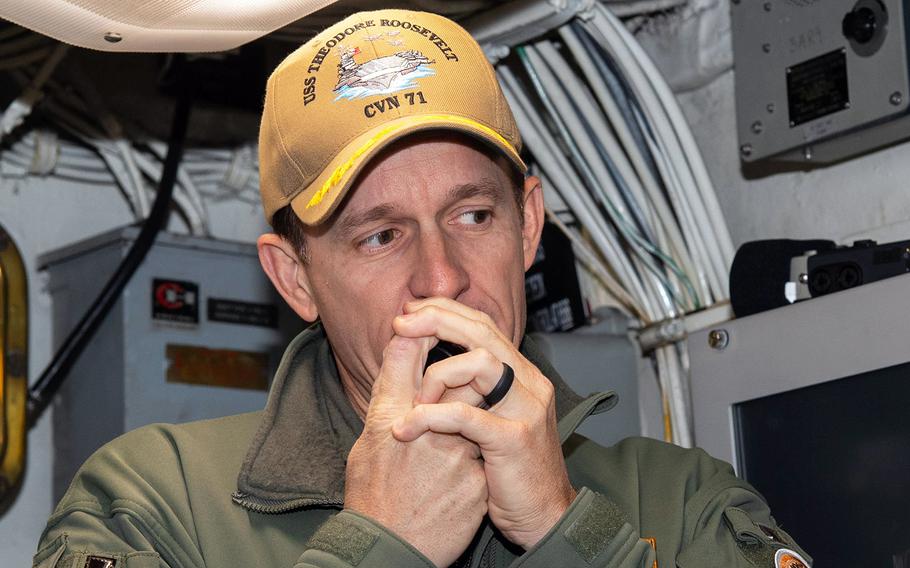In a Jan. 17, 2020 photo, Capt. Brett Crozier, commanding officer of the USS Theodore Roosevelt, addresses the crew.