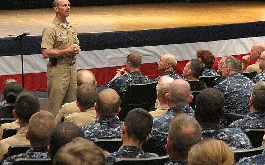 Chief of Naval Operations Adm. Jonathan Greenert addresses sailors during a question-and-answer session at the Yokosuka Naval Base fleet theater Oct. 3, 2011. Greenert, who began his tenure last month as the top officer of the Navy, faces the difficult task of preserving readiness at a time when lawmakers are calling for significant budget cuts.