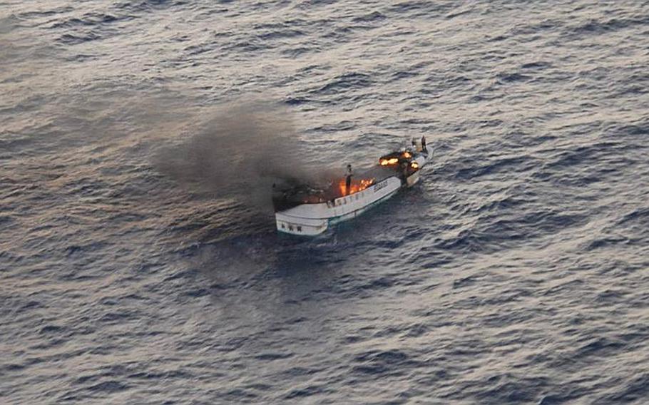 A fire burns uncontrollably aboard the Taiwanese fishing vessel Shin Maan Chun on April 21, 2012, in the Pacific Ocean. The fire forced the crew of nine to abandon ship and through a coordinated effort between the U.S. 7th Fleet and U.S. Coast Guard Sector Guam, all of the fishermen were safely rescued and brought aboard the Marshallese-flagged bulk carrier Semirio.