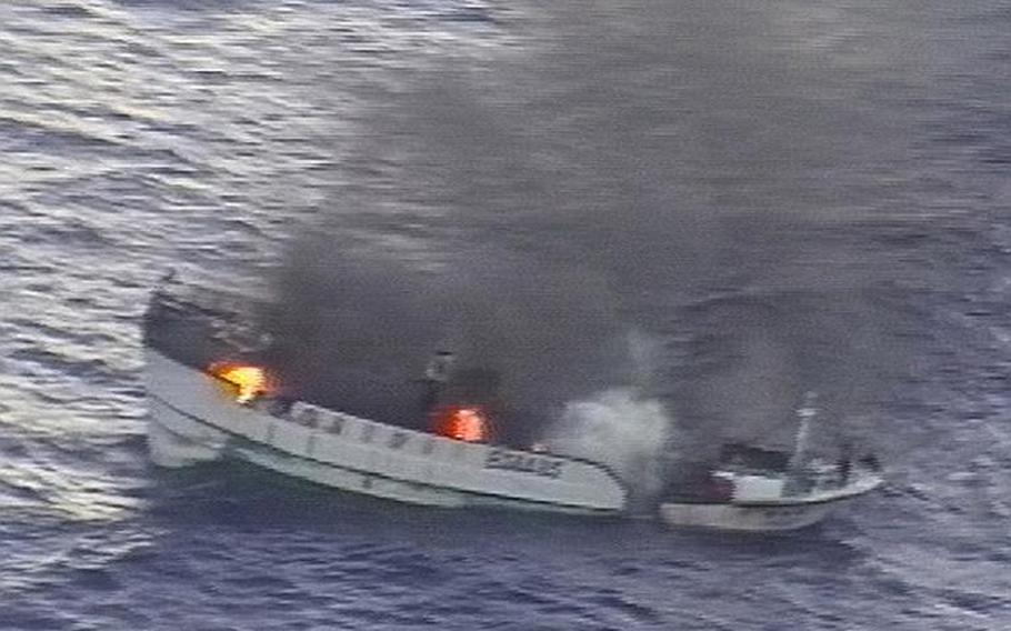 A fire burns uncontrollably aboard the Taiwanese fishing vessel Shin Maan Chun on April 21, 2012, in the Pacific Ocean. The fire forced the crew of nine to abandon ship and through a coordinated effort between the U.S. 7th Fleet and U.S. Coast Guard Sector Guam, all of the fishermen were safely rescued and brought aboard the Marshallese-flagged bulk carrier Semirio.