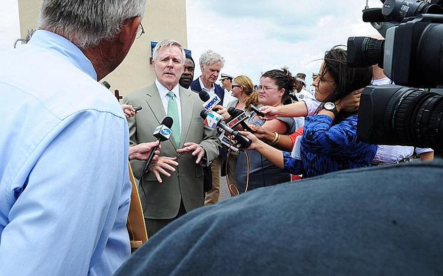 Secretary of the Navy Ray Mabus speaks with reporters June 15, 2012, at Naval Station Mayport, Fla., after announcing that the USS New York and two other amphibious group ships will move to the Florida base on an accelerated timetable, beginning in late 2013. The move comes after federal lawmakers eliminated funding in February for an aircraft carrier to move from Naval Station Norfolk, Va., to Mayport.