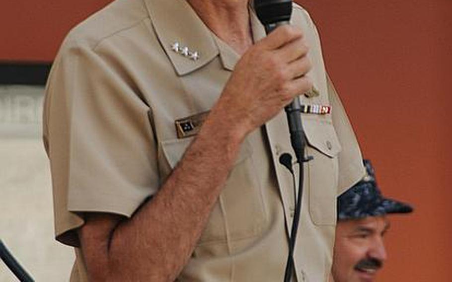 Vice Adm. Scott Van Buskirk, chief of naval personnel, discusses issues facing the Navy with sailors and civilians Thursday at Naval Support Activity Naples, Italy.