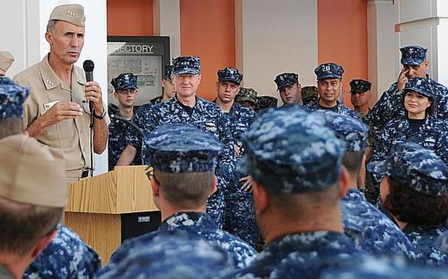 Vice Adm. Scott Van Buskirk, chief of naval personnel, meets with sailors and civilians July 12, 2012, at Naval Support Activity Naples, Italy, discussing issues such as manning, job performance, education and training and deployments.
