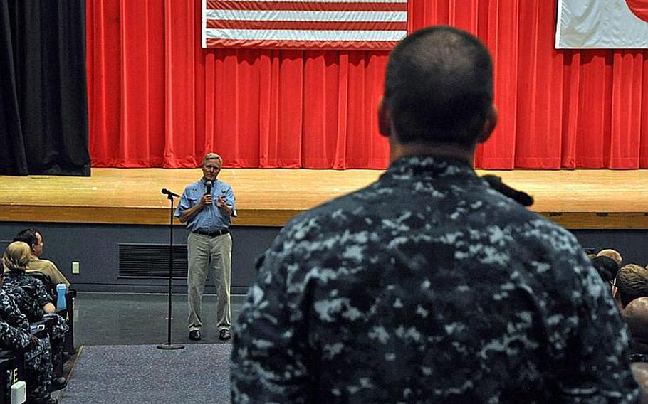 Secretary of the Navy Ray Mabus answers a question from a sailor at an all-hands meeting 
July 16, 2012 at Yokosuka Naval Base, Japan.