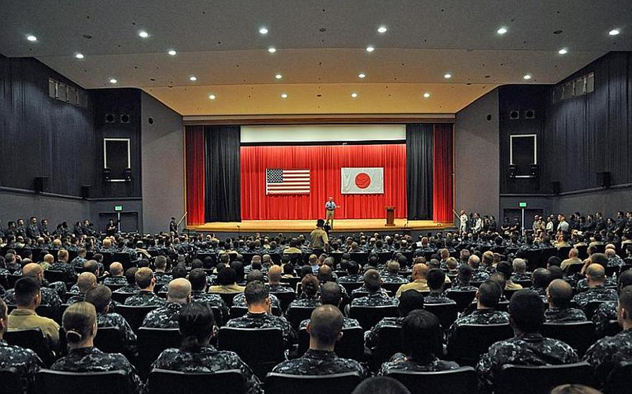 Secretary of the Navy Ray Mabus speaks to sailors at an all-hands meeting at Yokosuka, Japan, on July 16, 2012. Mabus spoke about several topics, including the Navy&#39;s plan to use 50 percent alternative fuels in its fleet by 2020.