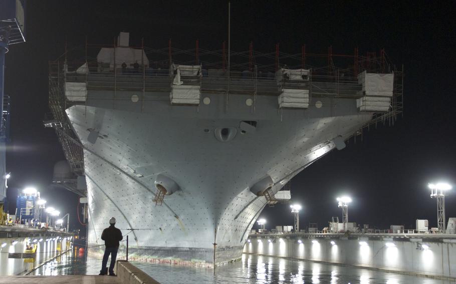 The amphibious assault ship USS Essex enters dry dock at the National Steel and Shipbuilding Co. in San Diego. The ship is undergoing an 18-month maintenance and upgrade period and expects to return to the fleet in 2014. 

