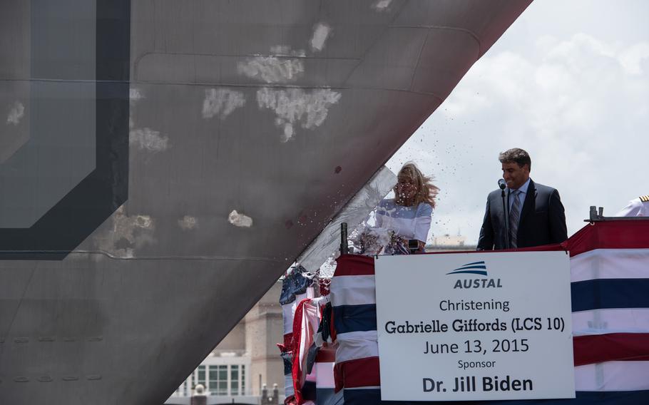 Jill Biden christens the future littoral combat ship USS Gabrielle Giffords at Austal USA in Mobile, Ala., on June 13, 2015. It is 16th U.S. naval ship to be named for a woman and only the 13th since 1850 to be named for a living person. 

Courtesy of U.S. Navy