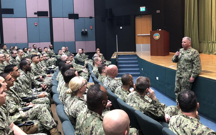 Chief of Naval Personnel Vice. Adm. John Nowell speaks to sailors at an all-hands call on Thursday Oct. 10, 2019, at the Navy base in Naples, Italy. Nowell talked about the Navy's efforts to modernize the personnel system and increase retention.