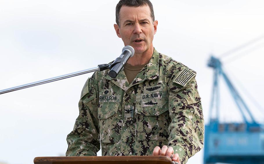 Capt. Kai Torkelson, commander of Norfolk Naval Shipyard in Virginia, speaks during an event at the shipyard on June 9, 2020.