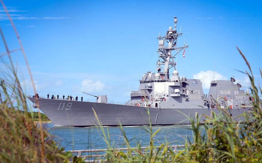 The guided-missile destroyer USS Delbert D. Black arrives at Port Canaveral, Fla., for its commissioning ceremony, Thursday, Sept. 26, 2020.