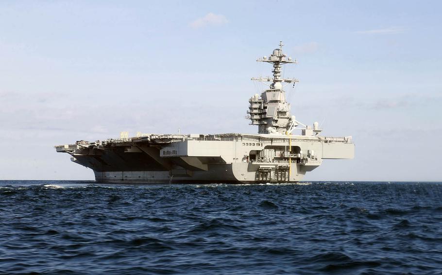 USS Gerald R. Ford steams through the Atlantic Ocean on Nov. 7, 2019.