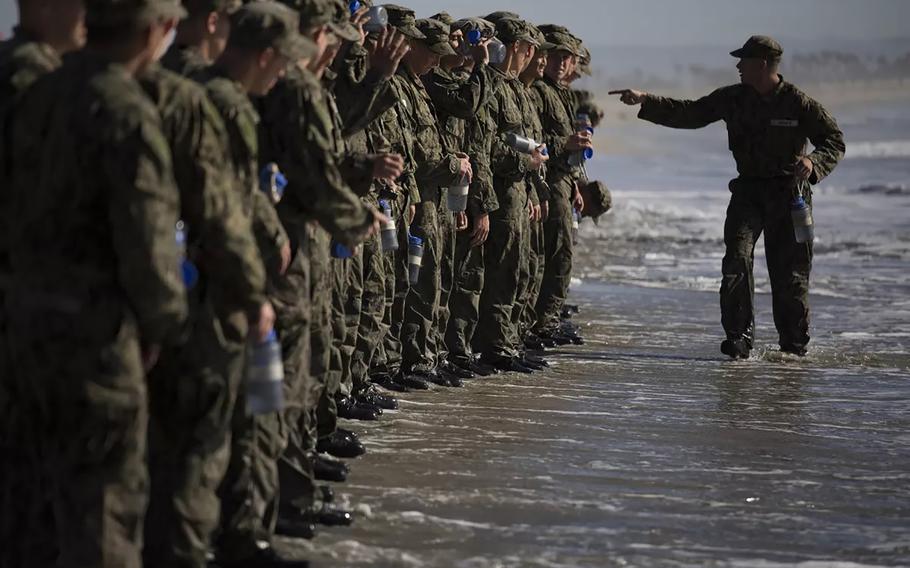 U.S. Navy SEAL candidates participate in Basic Underwater Demolition/SEAL (BUD/S) training in 2018. 