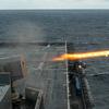 The amphibious assault ship USS America fires a RIM-116 rolling airframe missile while underway in the Philippine Sea, Tuesday, Jan. 24, 2023. 