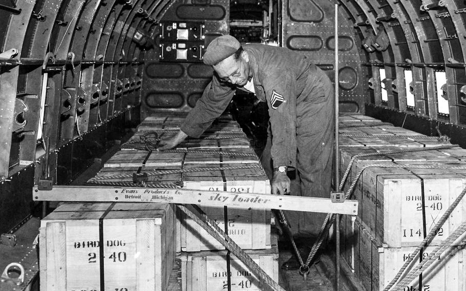 Boxes of supplies for Berlin are secured aboard a plane at Rhein-Main Air Base as the airlift to relieve Soviet-blockaded Berlin gets under way in June 1948. By the time the Berlin Airlift ended in September 1949, a total of 278,228 U.S., British and French flights carried 2,326,406 short tons of material into the city. There were 39 British and 31 American airlift-related deaths during the difficult flights.