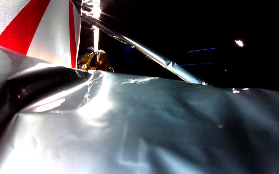 This image provided by Astrobotic Technology shows a layer of insulation in the foreground the company described as “disturbed,” and the first visual proof something was malfunctioning on board the lunar lander after launch on Monday, Jan. 8, 2024. 