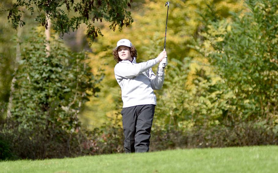 Stuttgart’s Mark Heinz tees off on the No. 11 hole Thursday during the DODEA European golf championships at the Rheinblick Golf Course in Wiesbaden, Germany.