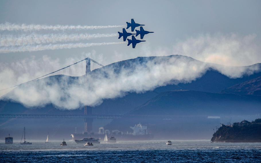 The Navy Blue Angels practice as seen from Treasure Island in San Francisco, Calif., on Oct. 5, 2023. San Francisco Fleet Week takes place from Oct. 2-10, and features three air shows this weekend. 