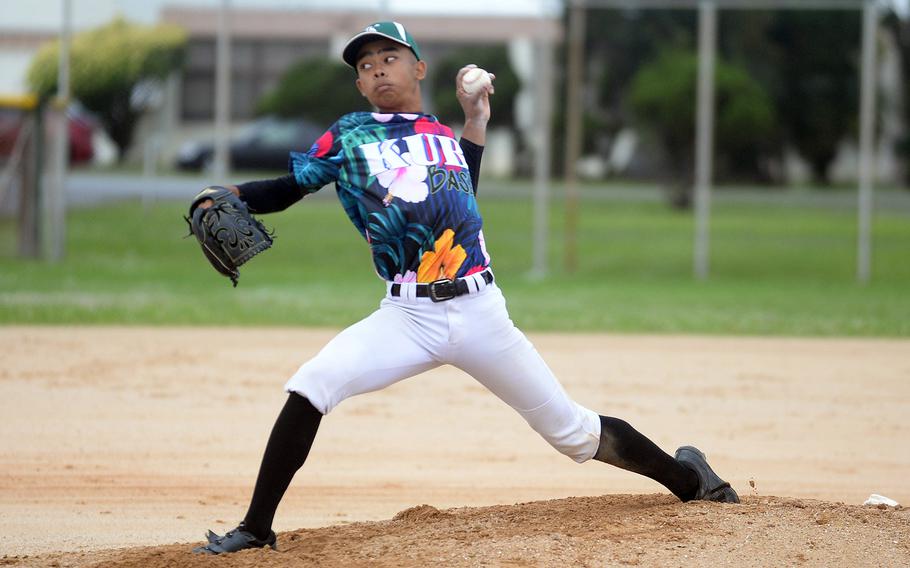 Kubasaki left-hander Luka Koja delivers against Kadena during a baseball game on Okinawa. Koja came within one out of a no-hitter as the Dragons won 19-0.