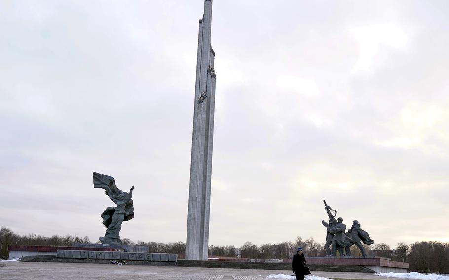 The Monument to the Liberators of Soviet Latvia and Riga from the German Fascist Invaders stands, in Riga, Latvia, Feb. 23, 2022. 