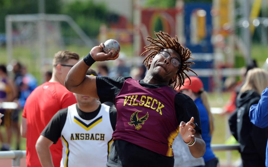 Vilseck’s Cam’ron King won the shot-put event at the DODEA-Europe track and field championships in Kaiserslautern, Germany, with a toss of 45 feet.