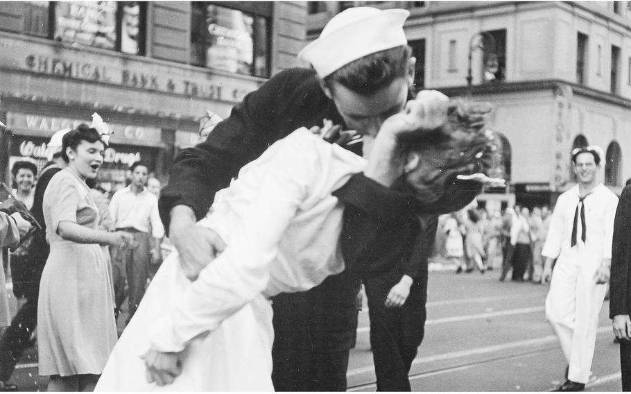 The famous photo of the kiss at Times Square in New York City on V-J Day, Aug. 14, 1945, from a post on X by Secretary of Veterans Affairs Denis McDonough (@SecVetAffairs). There are two very similar photos of the same scene, one shot by Alfred Eisenstaedt that originally appeared in Life Magazine and was mentioned in a VA memo banning the photo that went viral on X on Tuesday, March 5, 2024. This photo, which McDonough shared in his post denying the accuracy of the memo, was shot by Navy Lt. Victor Jorgensen and is in the National Archives.