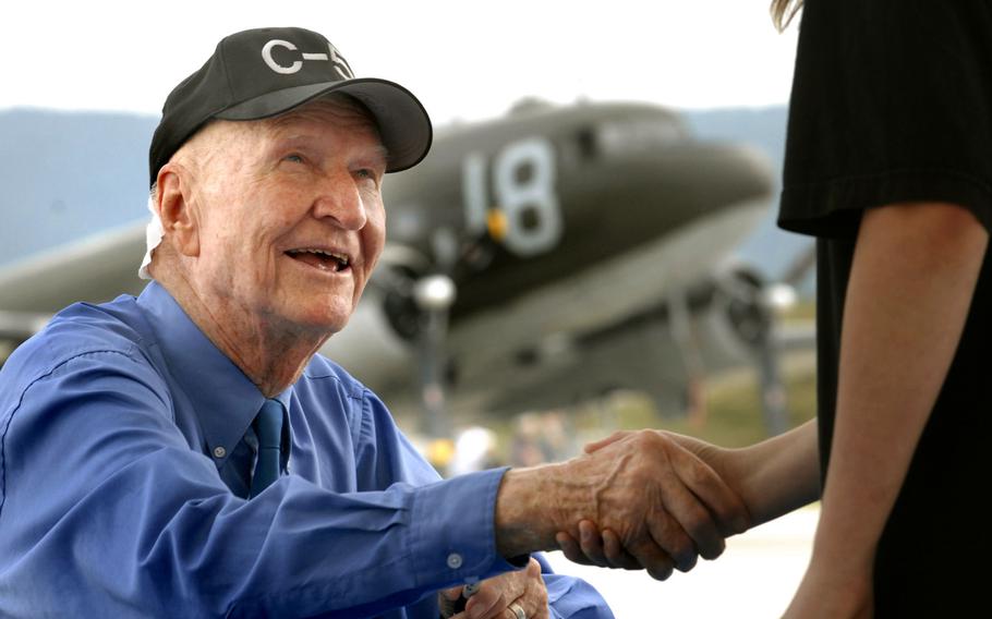 Retired Col. Gail “Candy Bomber” Halvorsen was available for autographs during the Air Force 60th anniversary celebration Aug. 11, 2007, held on the Ramstein Air Base flight line.  Halvorsen became famous during the Berlin airlift for dropping candy and sweets to the children of the besieged city using miniature parachutes.