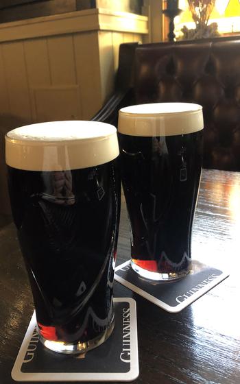 Two glasses of Guinness stout at Waxy’s Irish Pub in Frankfurt, Germany. The pub also has German beer on tap and a good selection of Irish whiskeys.