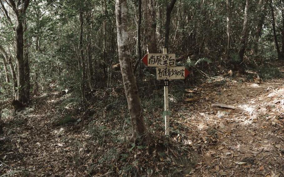A guidepost to the southern observatory stands in the forest.