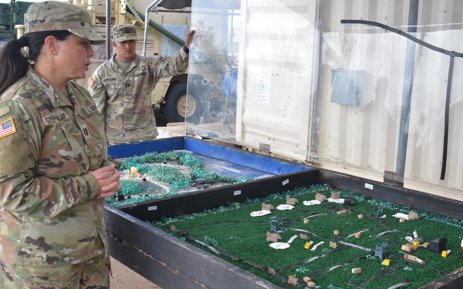 Task Force Talon members Capt. Denise Chargualaf, left, and Capt. Thomas Borgonia show a model of Site Excalibur, Guam, at the facility on Nov. 30.