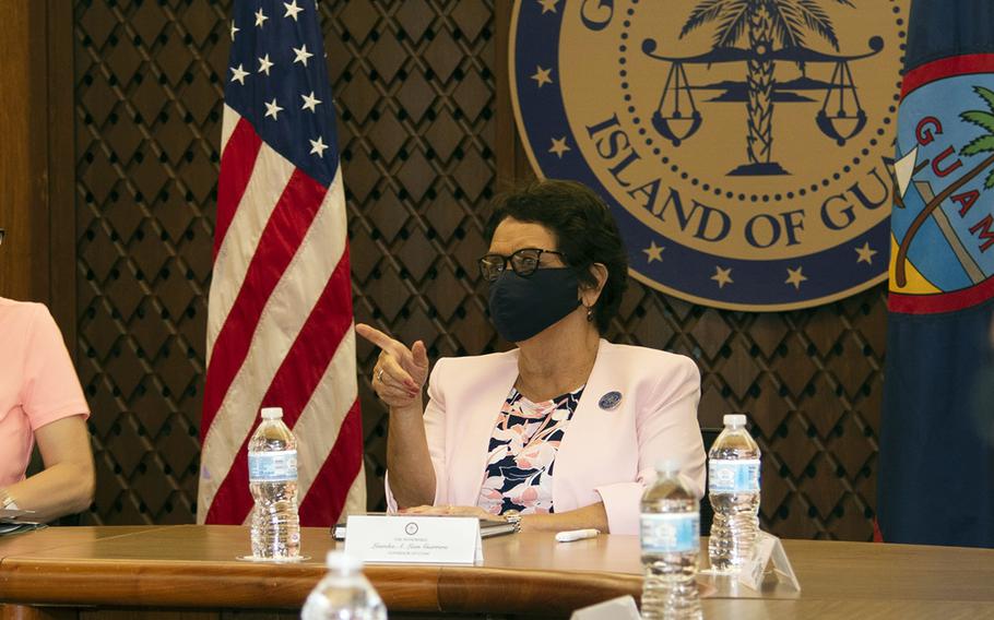 Guam Gov. Lou Leon Guerrero speaks during a meeting earlier this year at the Ricardo J. Bordallo Governor's Complex in Adelup, Guam.