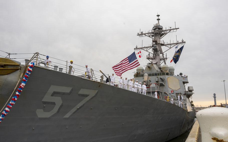 The destroyer USS Mitscher prepares to moor at Naval Station Norfolk, Va., April 16, 2022. Mitscher rapidly deployed in January in support of Naval Forces Europe and NATO allies. 