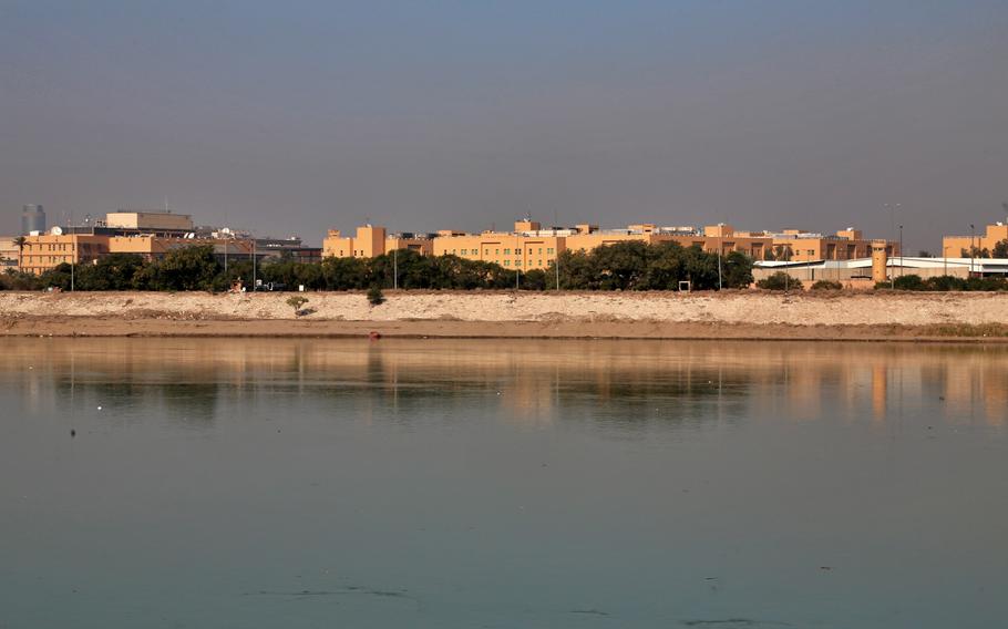 The U.S. Embassy is seen from across the Tigris River in Baghdad, Iraq, on Jan. 3, 2020. A rocket attack at the sprawling U.S. embassy in Baghdad Friday Dec. 8, 2023 caused minor material damage but no casualties, U.S. and Iraqi officials said. 