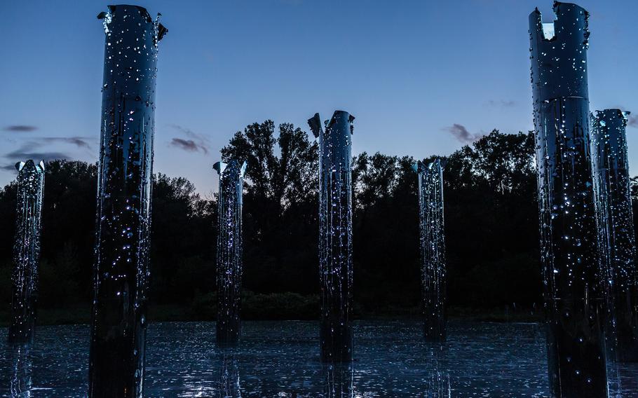 Steel columns of the Mirror Field audiovisual installation at the Babyn Yar Holocaust Memorial Center in Kyiv on Sept. 14, 2021. 