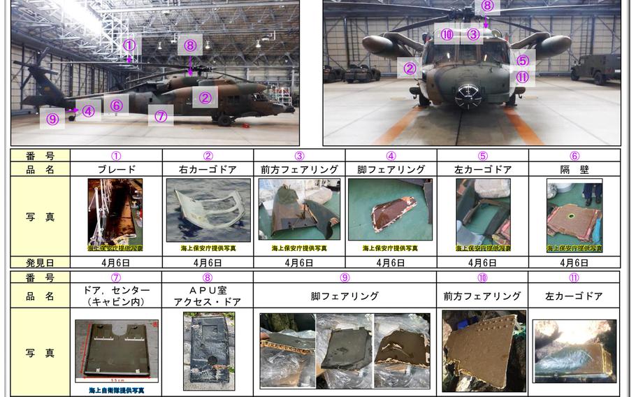 This flier issued by the Japan Ground Self-Defense Force on Thursday, April 13, 2023, shows a UH-60JA Black Hawk, like the one that crashed off Miyako Island in Okinawa prefecture on April 6, 2023, and some of the wreckage recovered.